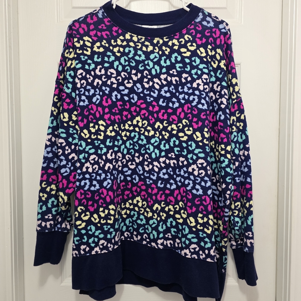 Cabana By Crown & Ivy Navy Sweater with Neon Leopard Spots